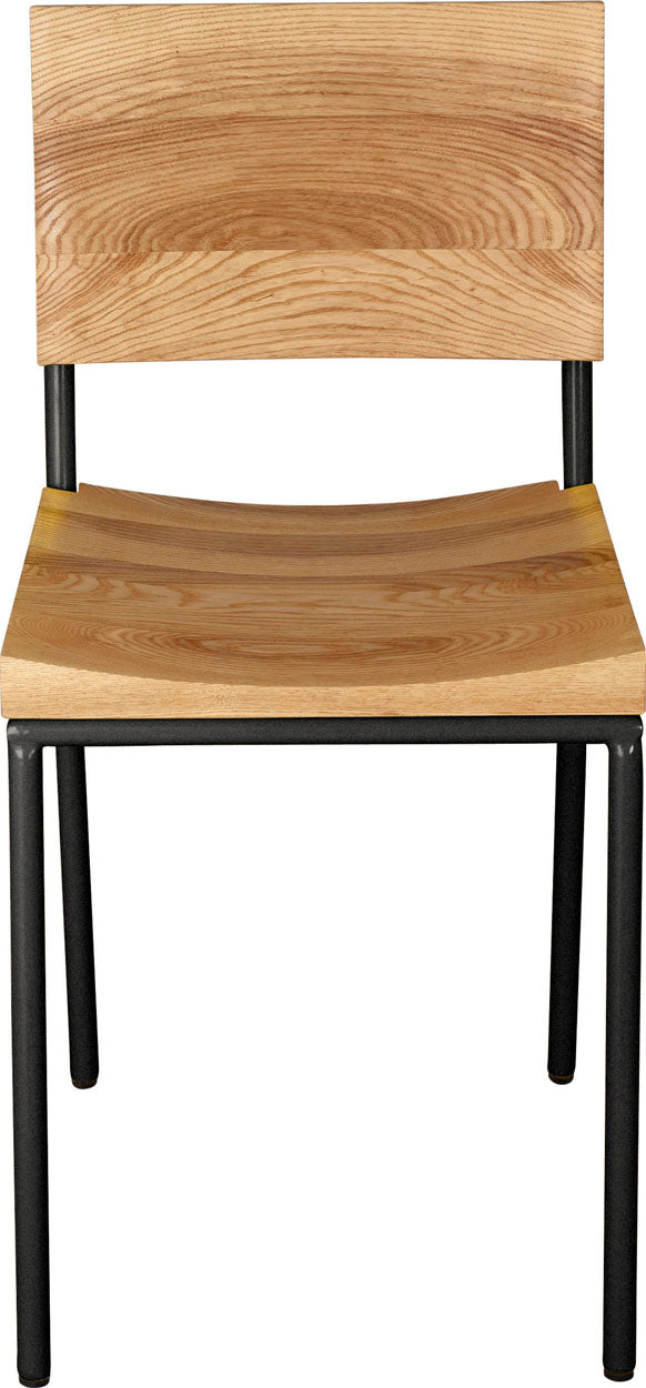 Gloss black metal chair with natural stain ash wood made in UK - front view round frame