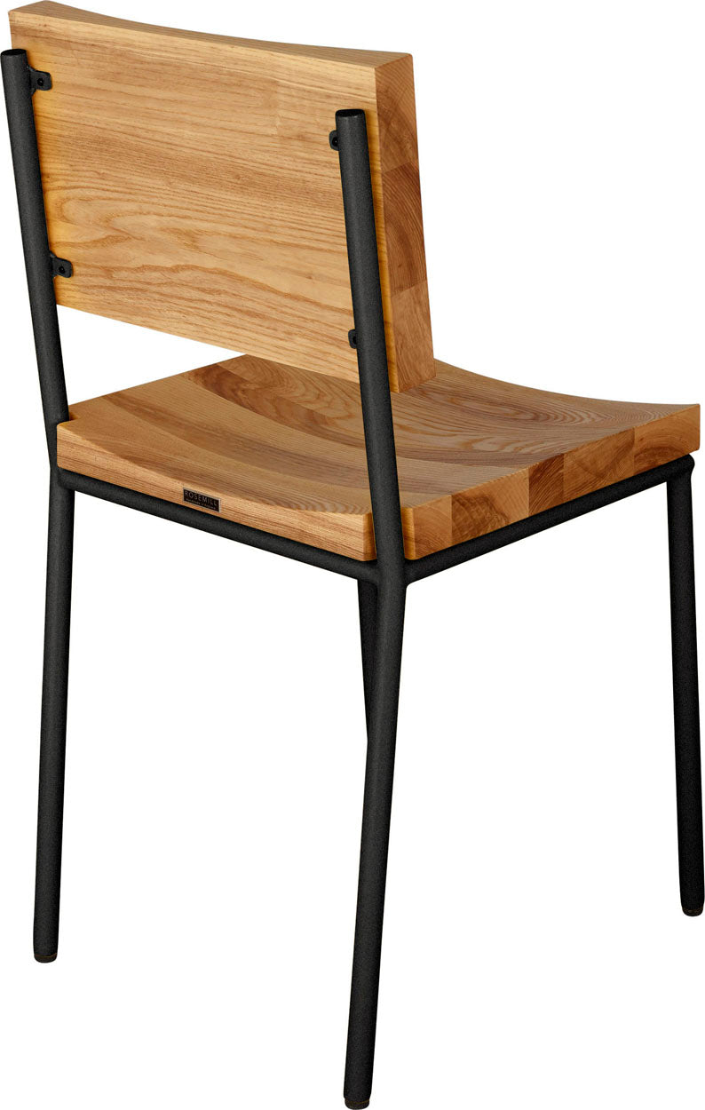 Gloss black metal chair with natural stain ash wood made in UK - back side view round frame