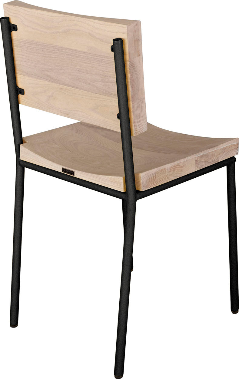 Gloss black metal chair with whitewash stain ash wood made in UK - back side view round frame