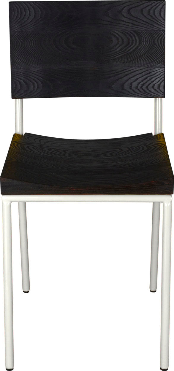 Gloss white metal chair with black stain ash wood made in UK - front view round frame