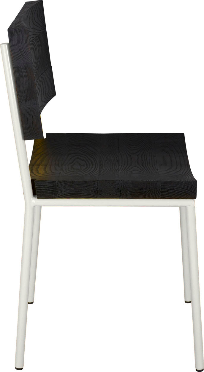 Gloss white metal chair with black stain ash wood made in UK - side view round frame