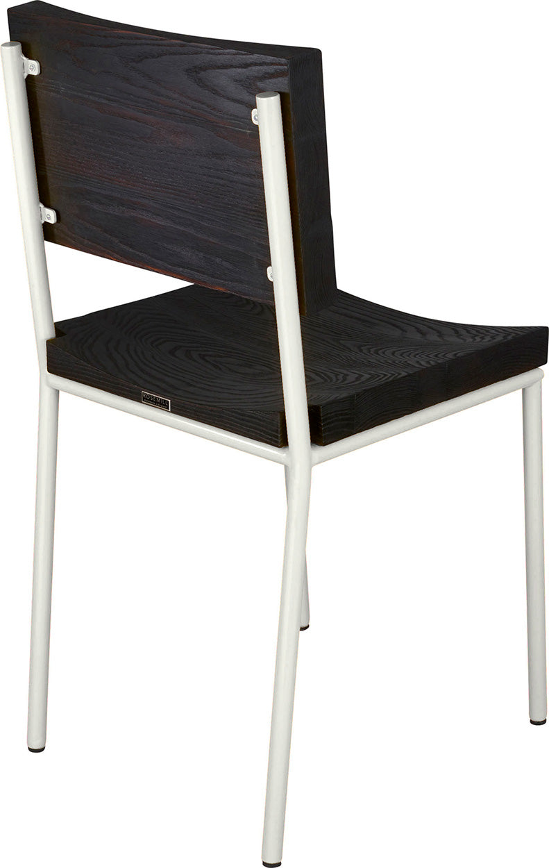Gloss white metal chair with black stain ash wood made in UK - back side view round frame