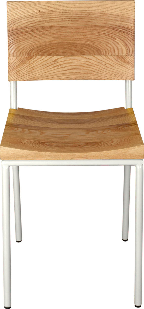 Gloss white metal chair with natural stain ash wood made in UK - front view round frame