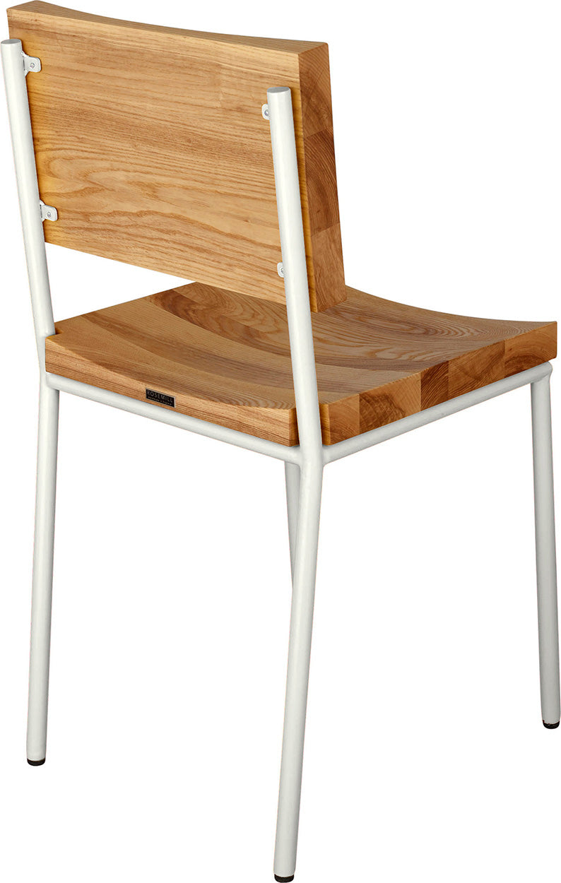 Gloss white metal chair with natural stain ash wood made in UK - back side view round frame