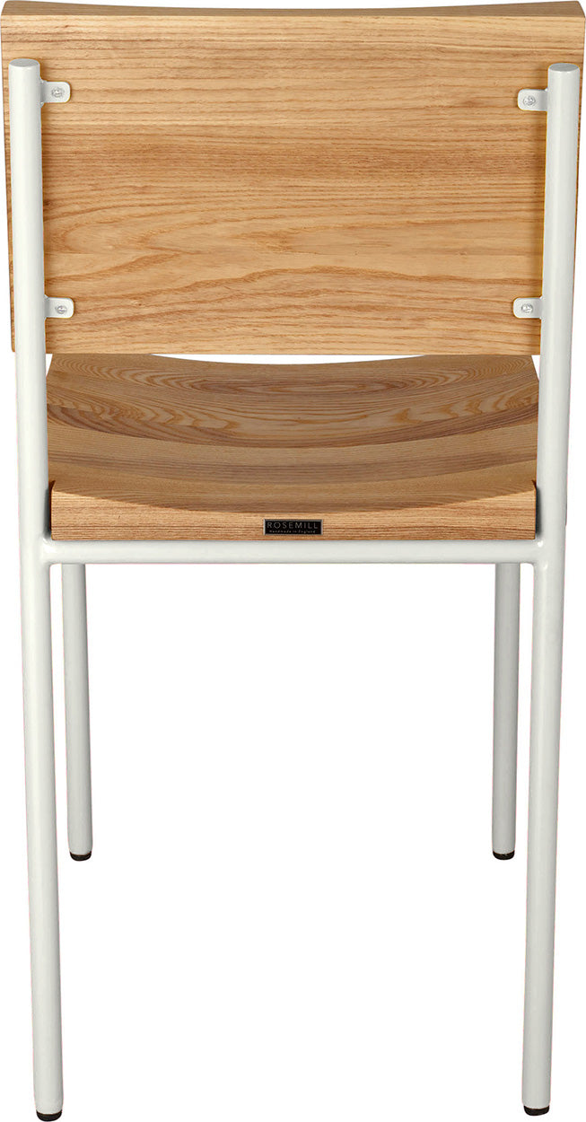 Gloss white metal chair with natural stain ash wood made in UK - back view round frame