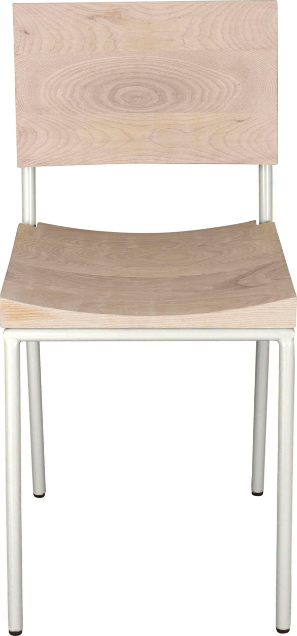 Gloss white metal chair with whitewash stain ash wood made in UK - front view round frame