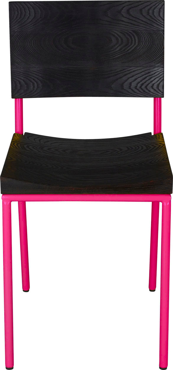 Hot pink metal chair with black stain ash wood made in UK - front view round frame