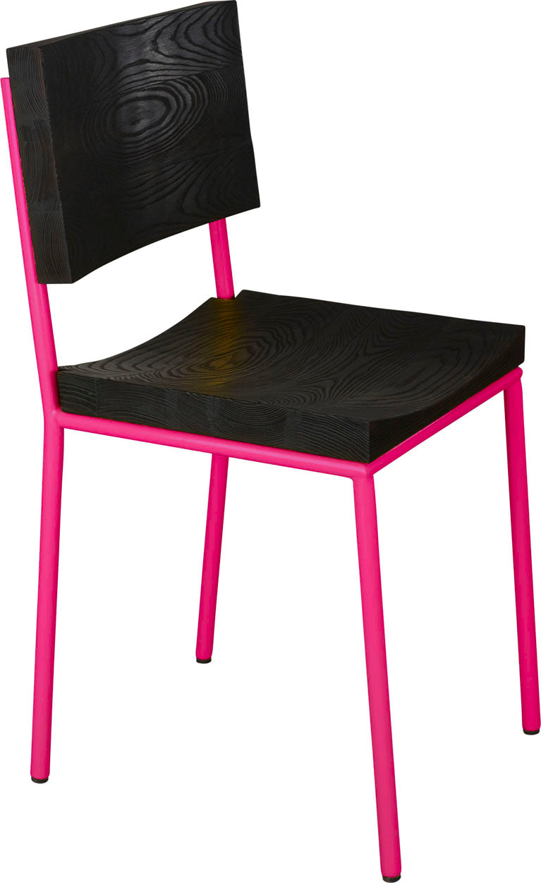 Hot pink metal chair with black stain ash wood made in UK - angle view round frame