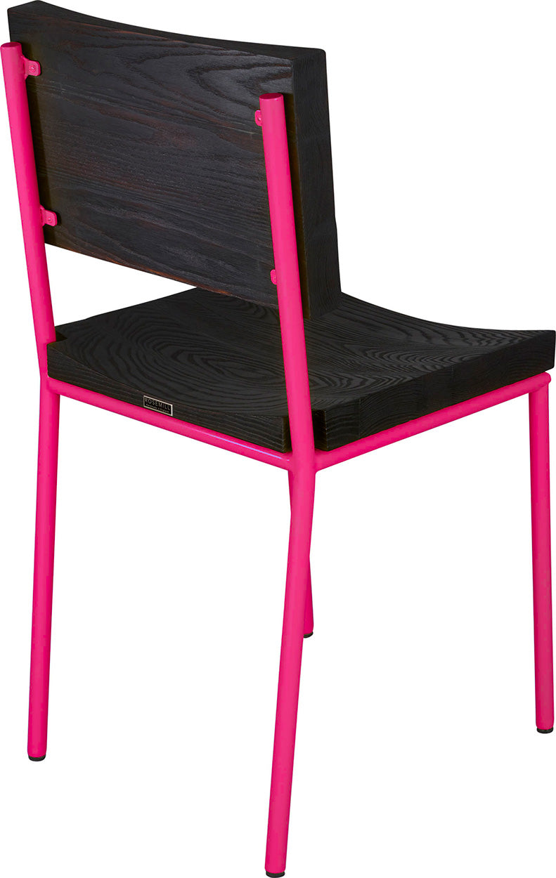 Hot pink metal chair with black stain ash wood made in UK - back side view round frame
