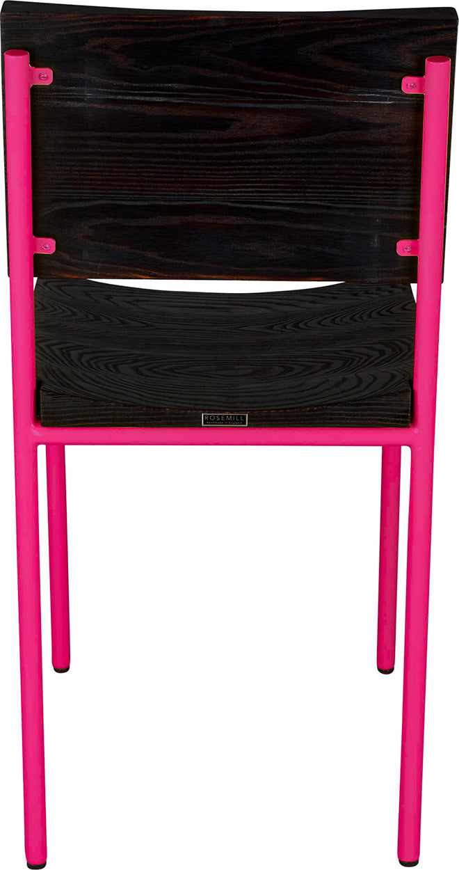 Hot pink metal chair with black stain ash wood made in UK - back view round frame