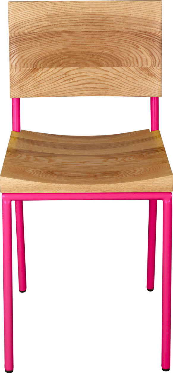 Hot pink metal chair with natural stain ash wood made in UK - front view round frame