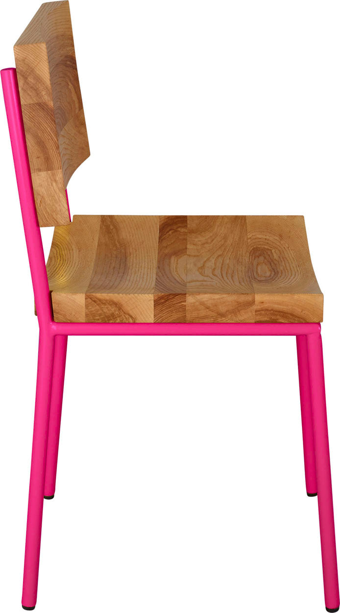 Hot pink metal chair with natural stain ash wood made in UK - side view round frame