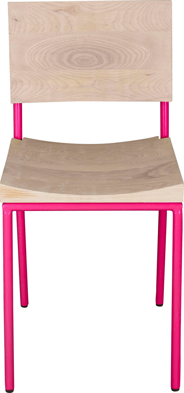 Hot pink metal chair with whitewash stain ash wood made in UK - front view round frame