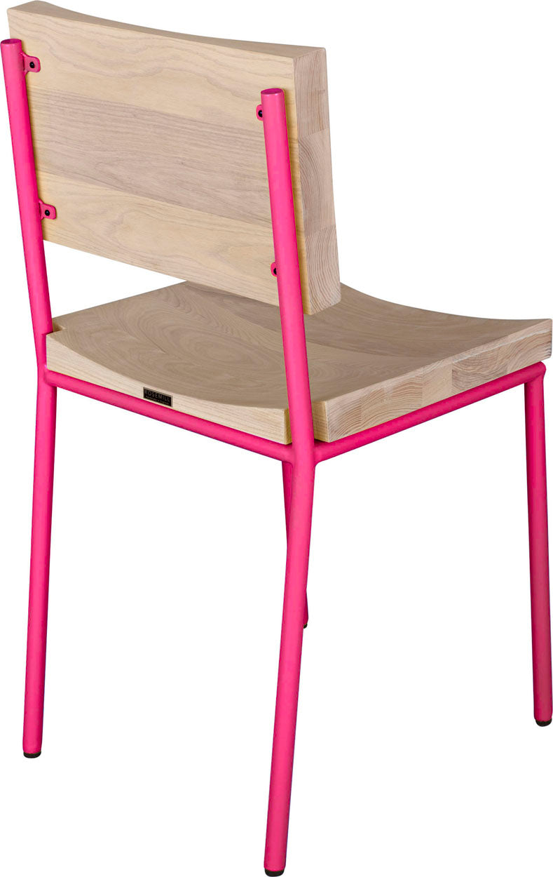 Hot pink metal chair with whitewash stain ash wood made in UK - back side view round frame