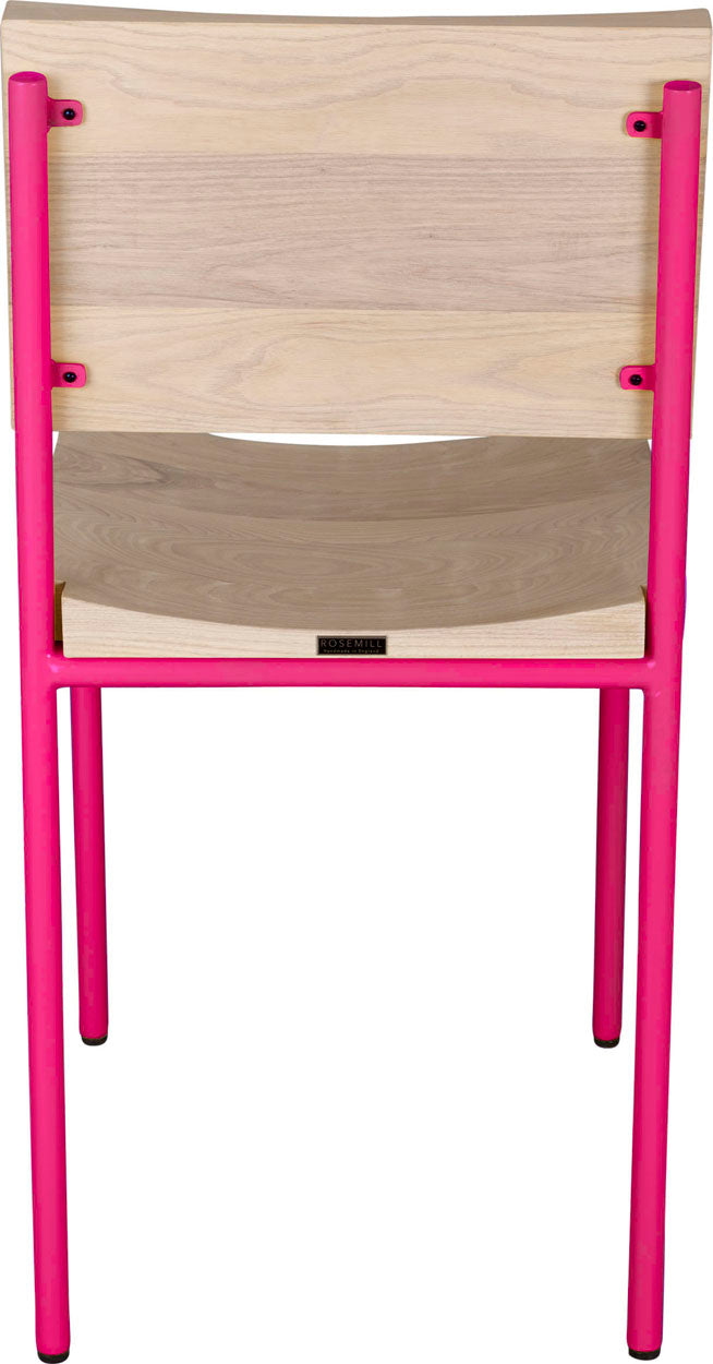 Hot pink metal chair with whitewash stain ash wood made in UK - back view round frame