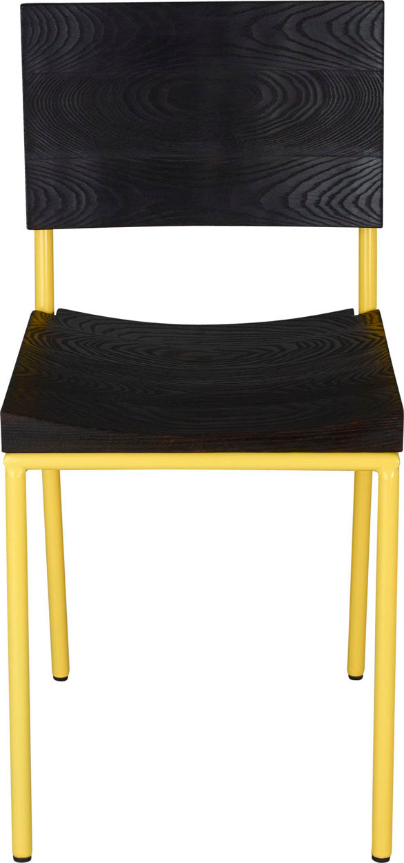 Yellow metal chair with black stain ash wood made in UK - front view round frame