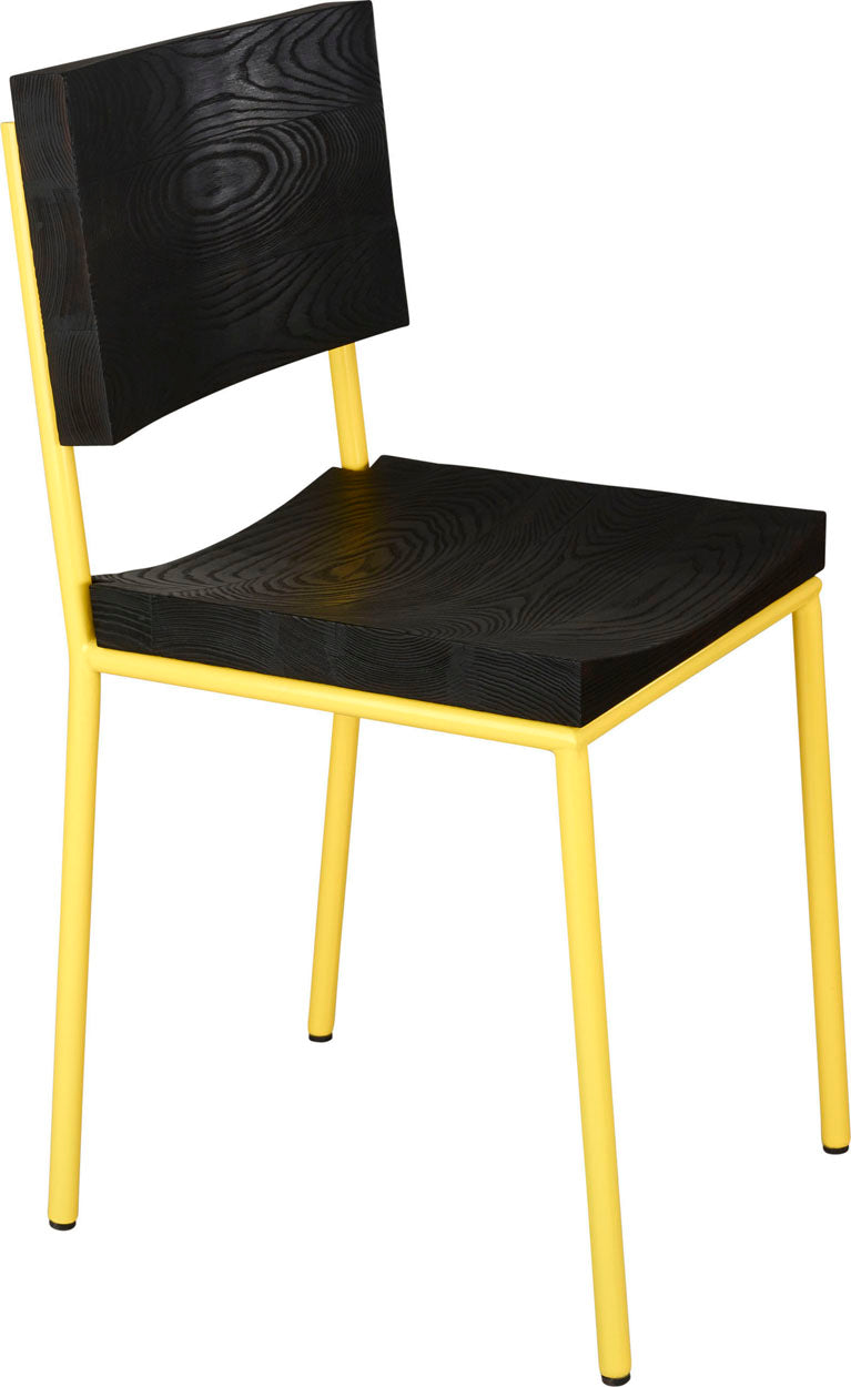Yellow metal chair with black stain ash wood made in UK - angle view round frame