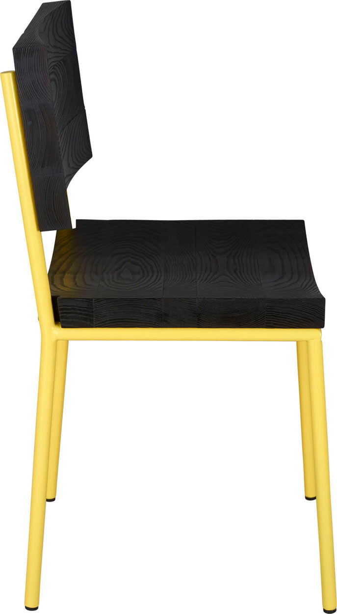 Yellow metal chair with black stain ash wood made in UK - side view round frame