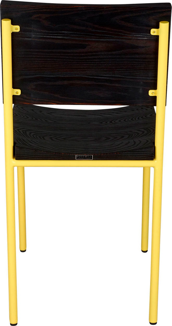 Yellow metal chair with black stain ash wood made in UK - back view round frame