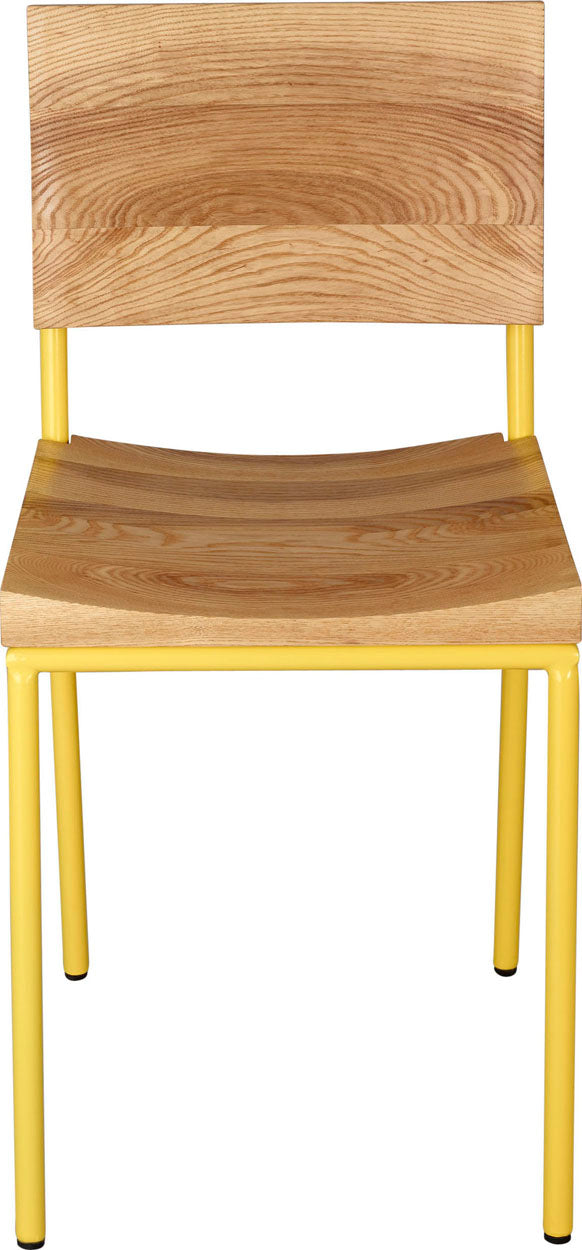Yellow metal chair with natural stain ash wood made in UK - front view round frame