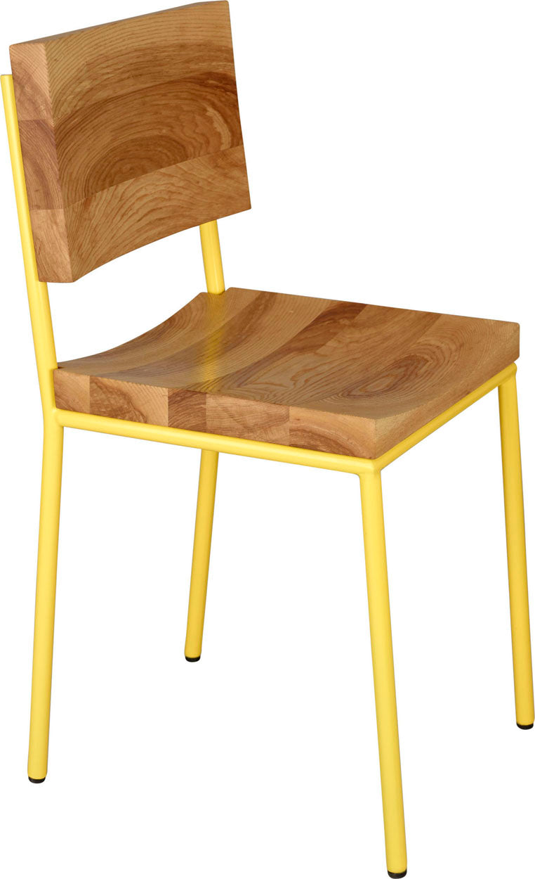 Yellow metal chair with natural stain ash wood made in UK - angle view round frame