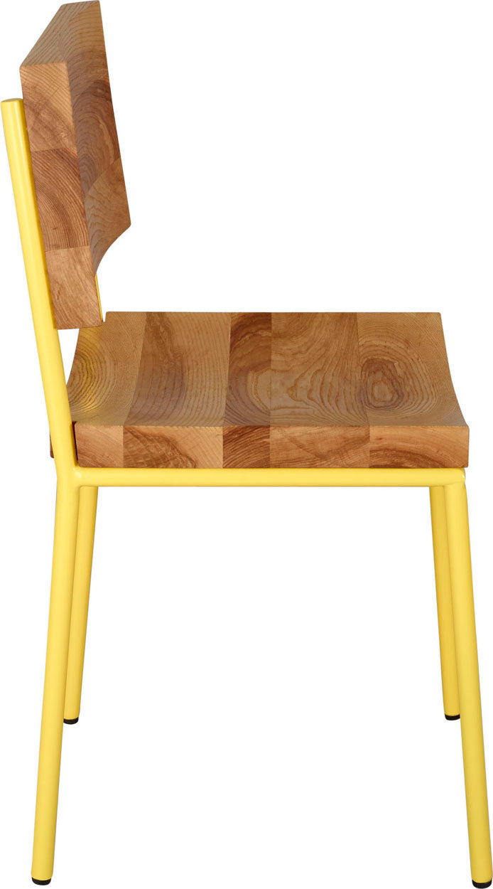 Yellow metal chair with natural stain ash wood made in UK - side view round frame