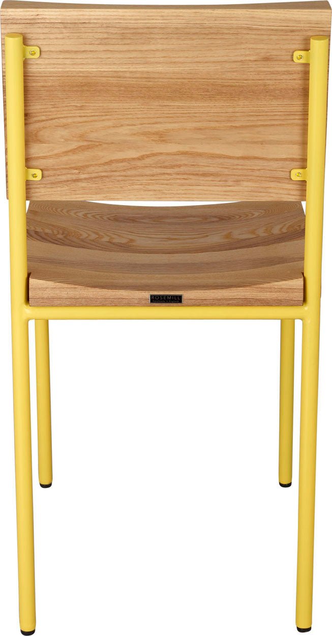 Yellow metal chair with natural stain ash wood made in UK - back view round frame