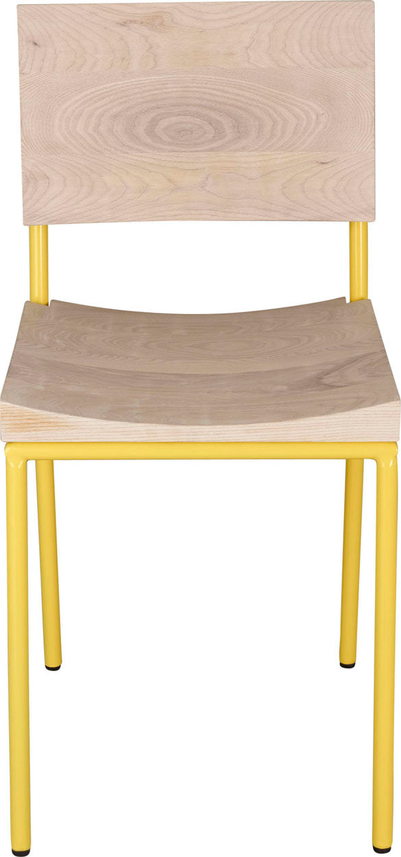 Yellow metal chair with whitewash stain ash wood made in UK - front view round frame