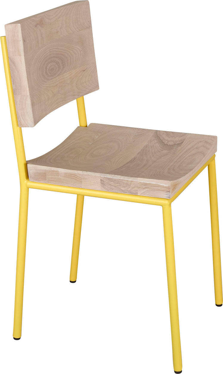 Yellow metal chair with whitewash stain ash wood made in UK - angle view round frame