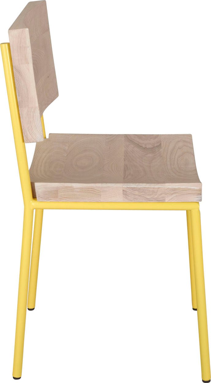 Yellow metal chair with whitewash stain ash wood made in UK - side view round frame
