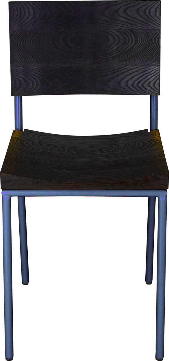 Blue chair metal with black stain ash wood made in UK - front view round frame