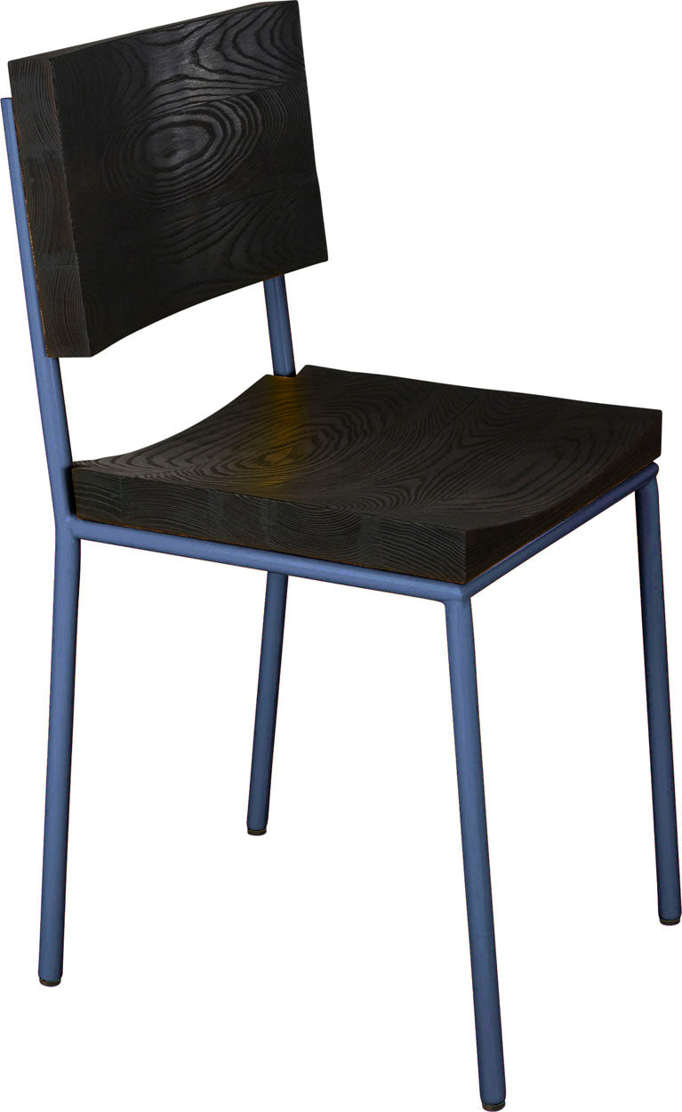 Blue chair metal with black stain ash wood made in UK - angle view round frame