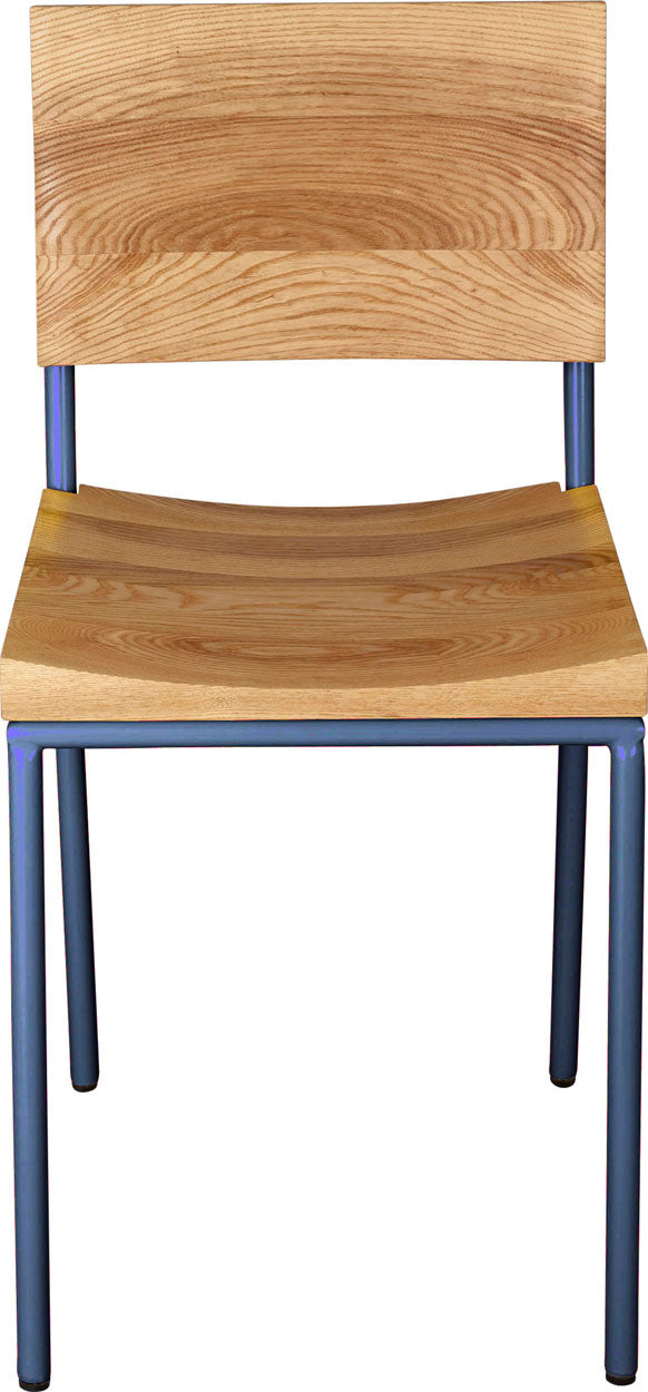 Blue chair metal with natural stain ash wood made in UK - front view round frame
