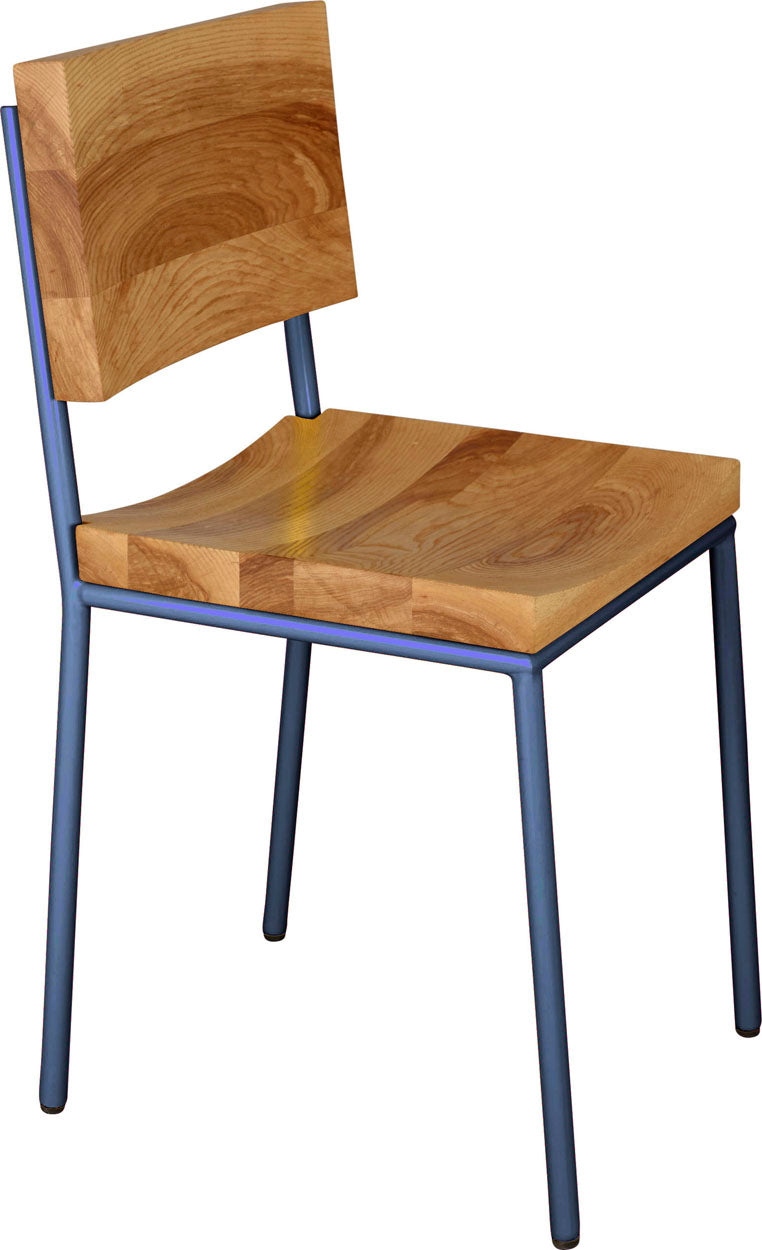 Blue chair metal with natural stain ash wood made in UK - angle view round frame