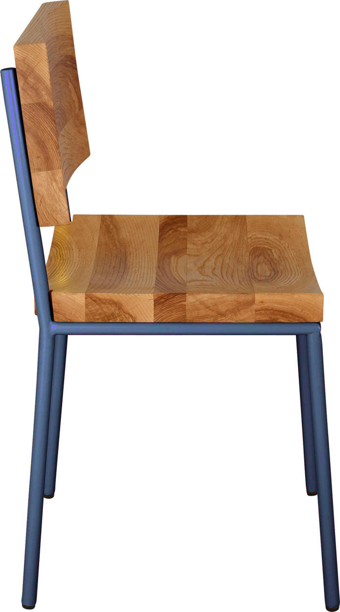 Blue chair metal with natural stain ash wood made in UK - side view round frame