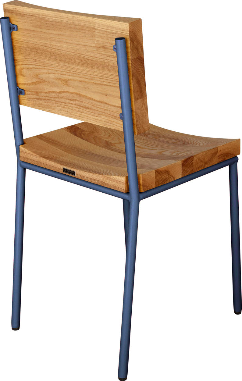 Blue chair metal with natural stain ash wood made in UK - back side view round frame