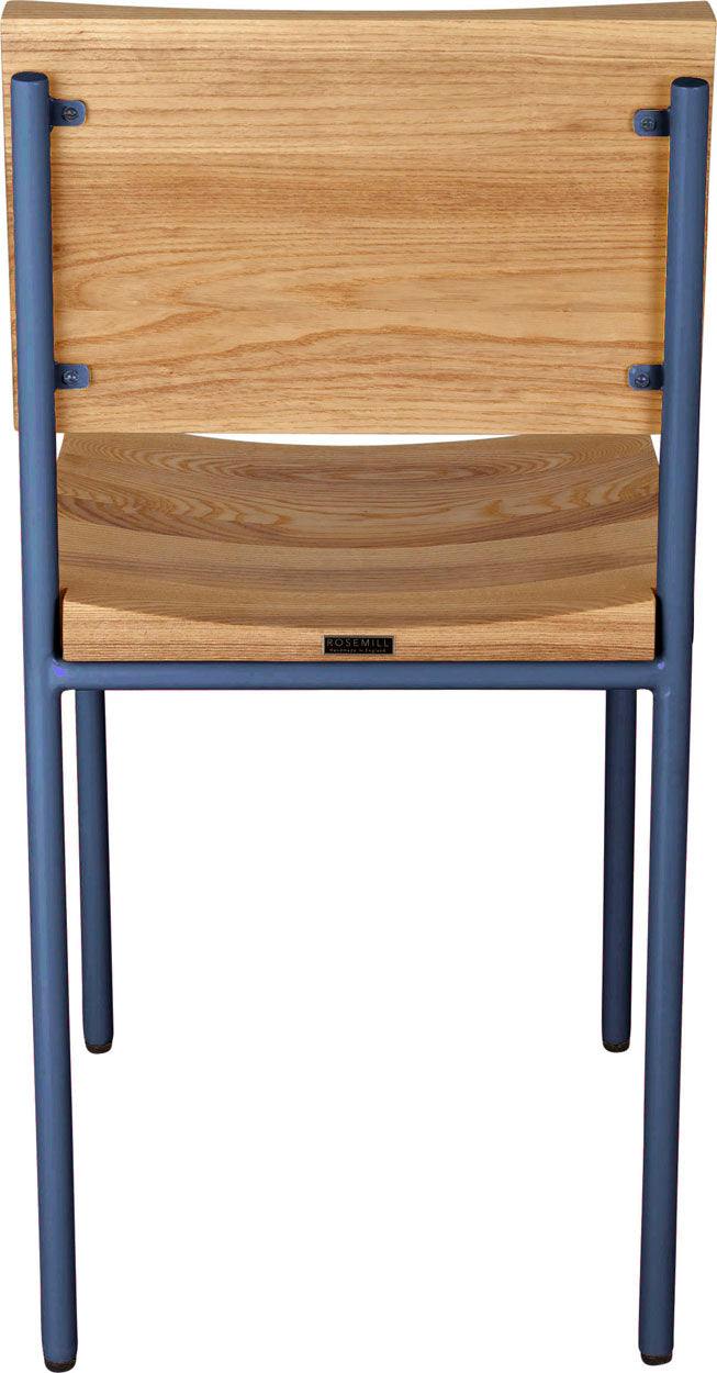 Blue chair metal with natural stain ash wood made in UK - back view round frame