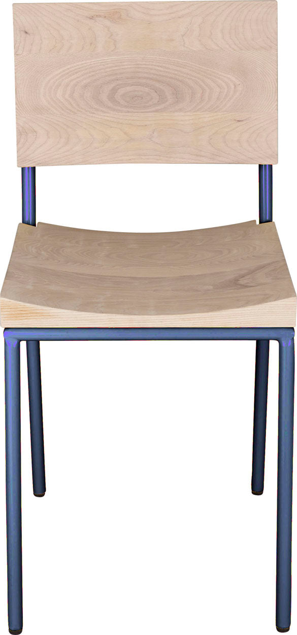 Blue chair metal with whitewash stain ash wood made in UK - front view round frame