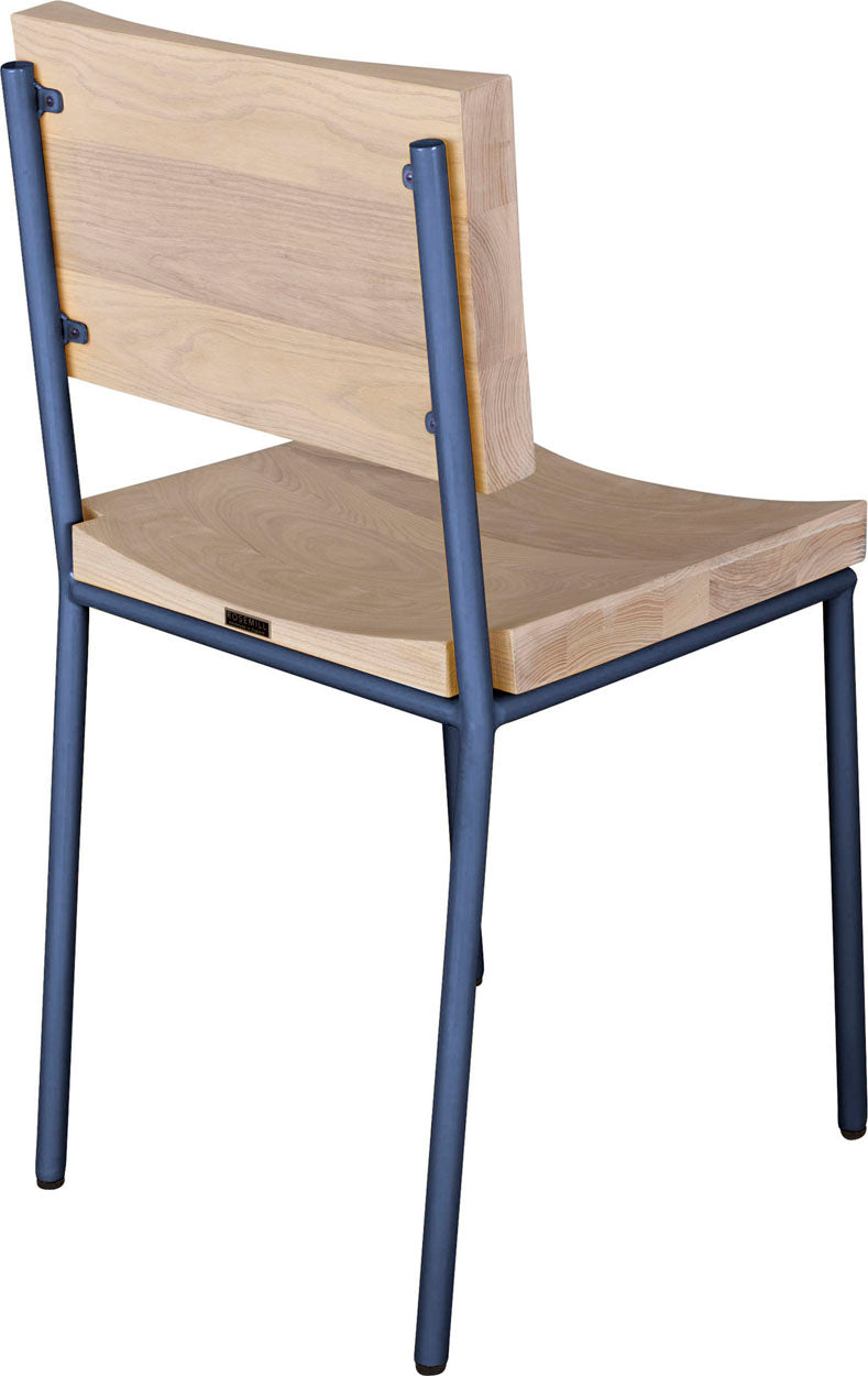 Blue chair metal with whitewash stain ash wood made in UK - back side view round frame