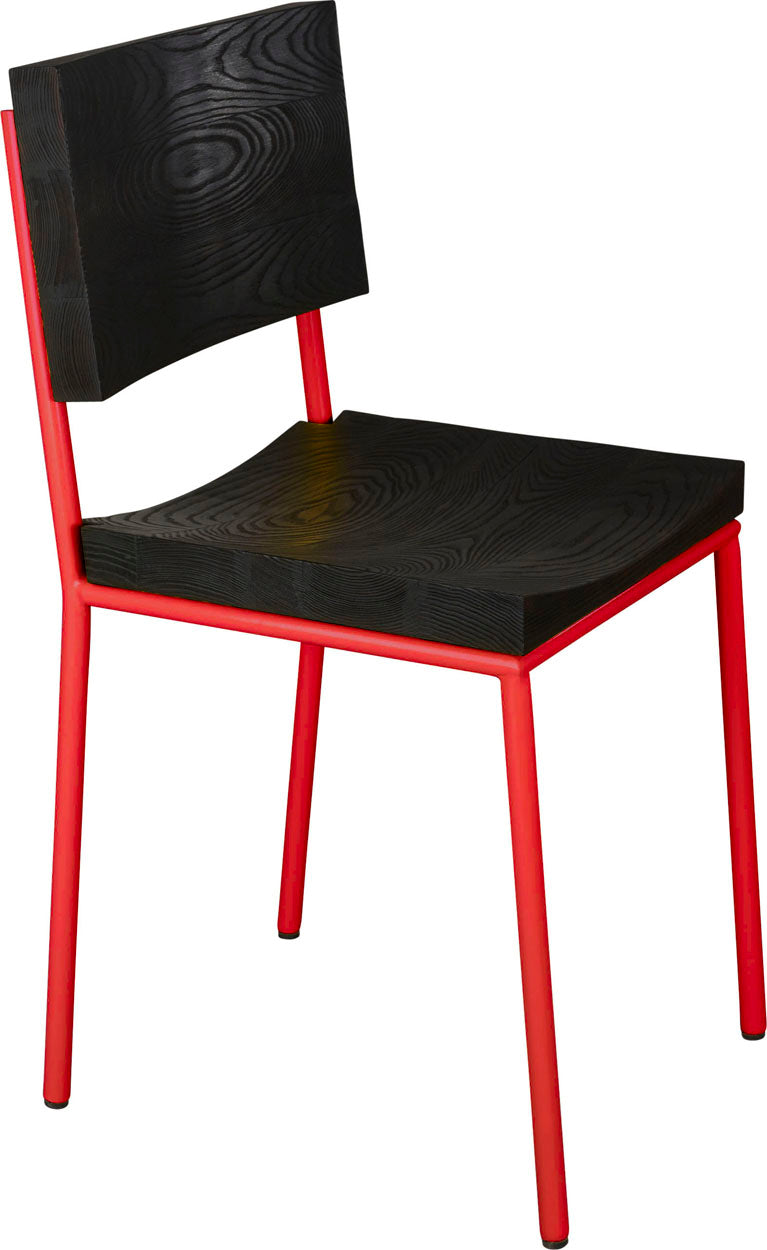 Red metal with black stain ash wood made in UK - angle view round frame