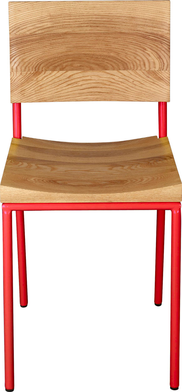 Red metal with natural stain ash wood made in UK - front view round frame