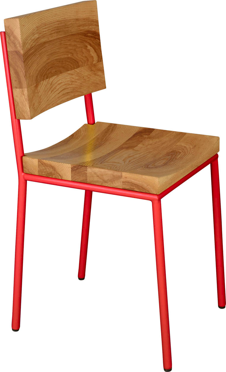 Red metal with natural stain ash wood made in UK - angle view round frame