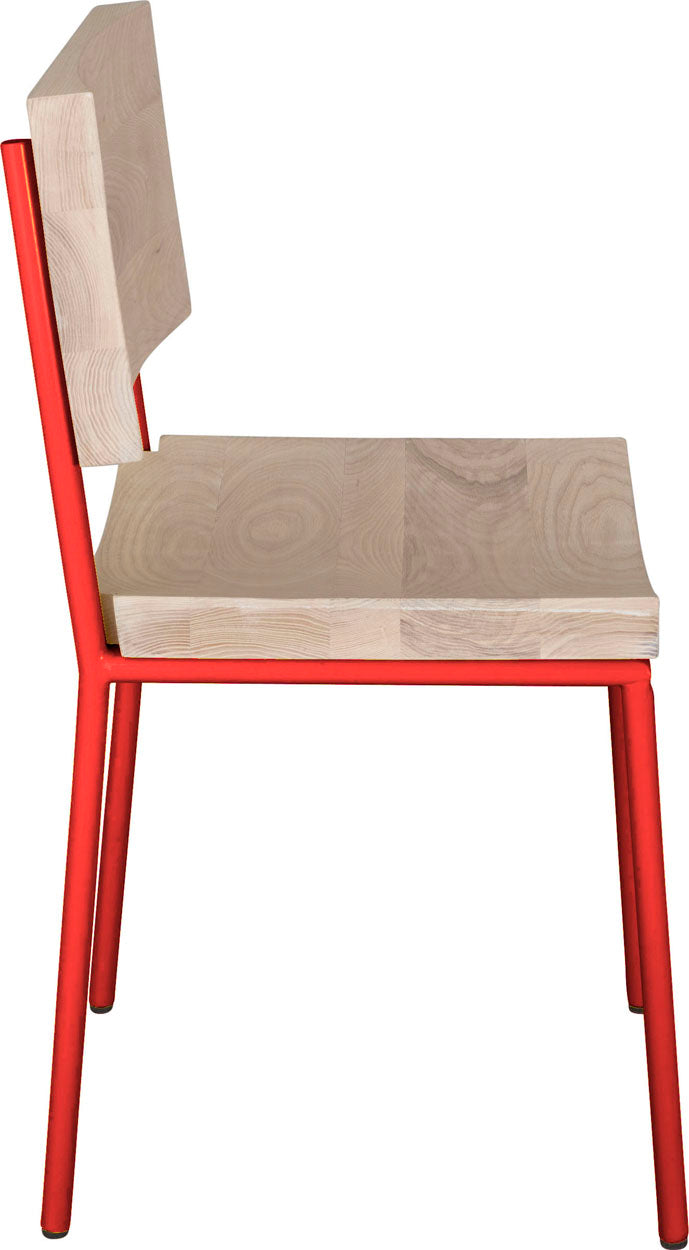 Red metal with whitewash stain ash wood made in UK - side view round frame