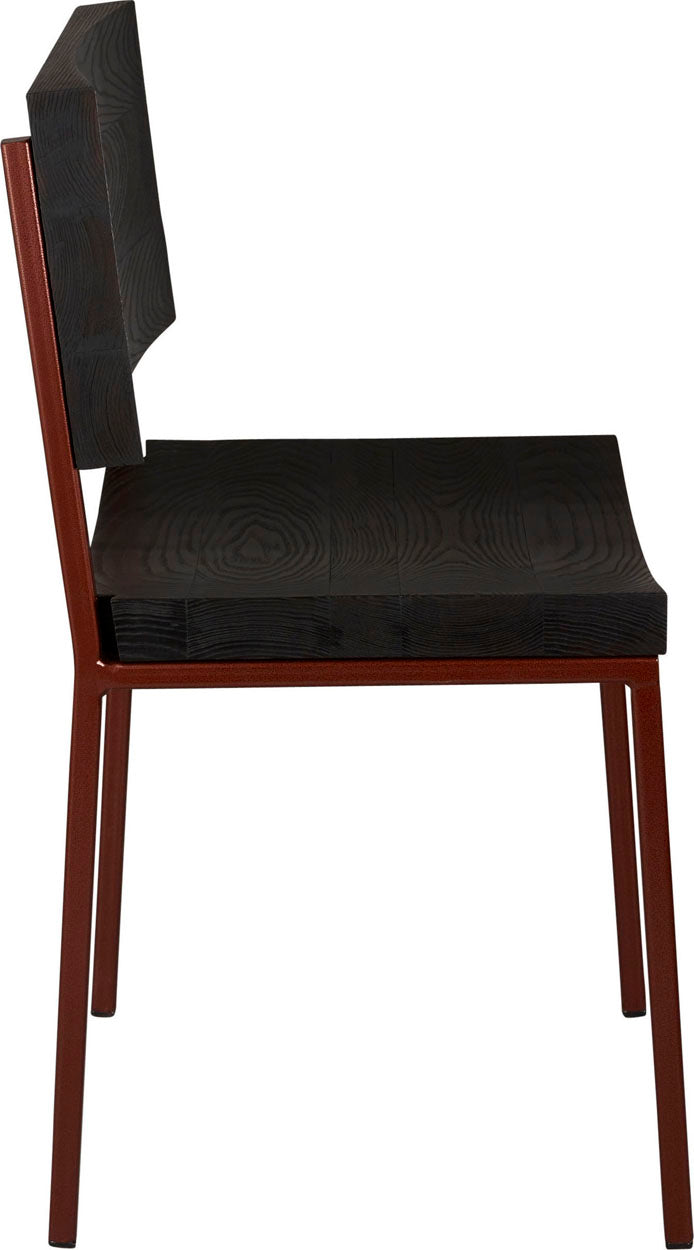 Copper metal chair with black stain ash wood made in UK - side view square frame