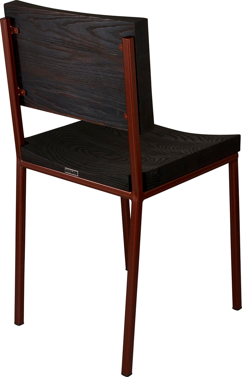 Copper metal chair with black stain ash wood made in UK - back side view square frame