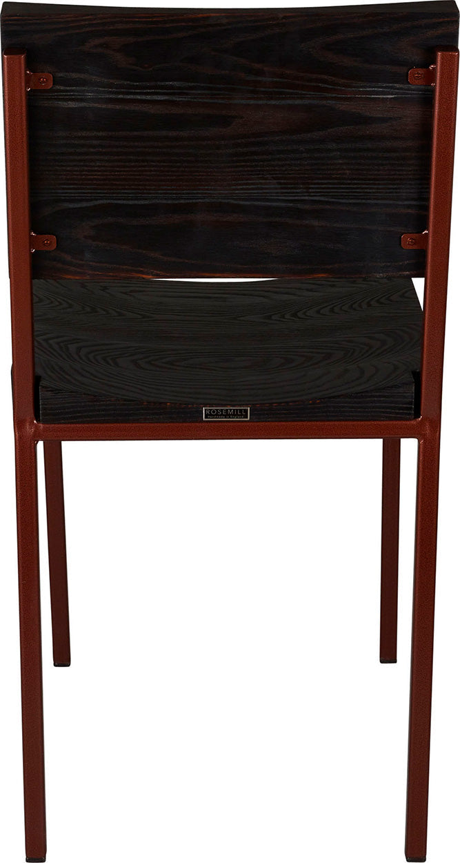 Copper metal chair with black stain ash wood made in UK - back view square frame