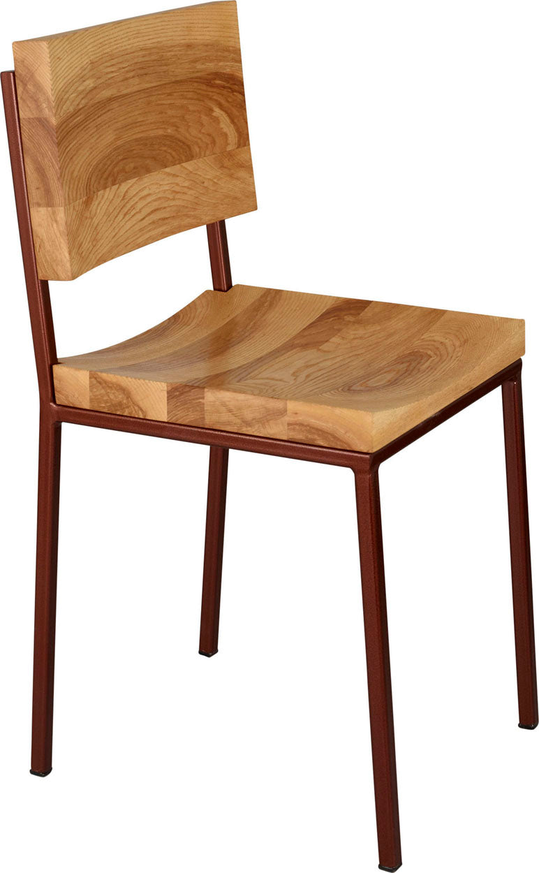Copper metal chair with natural stain ash wood made in UK - angle view square frame