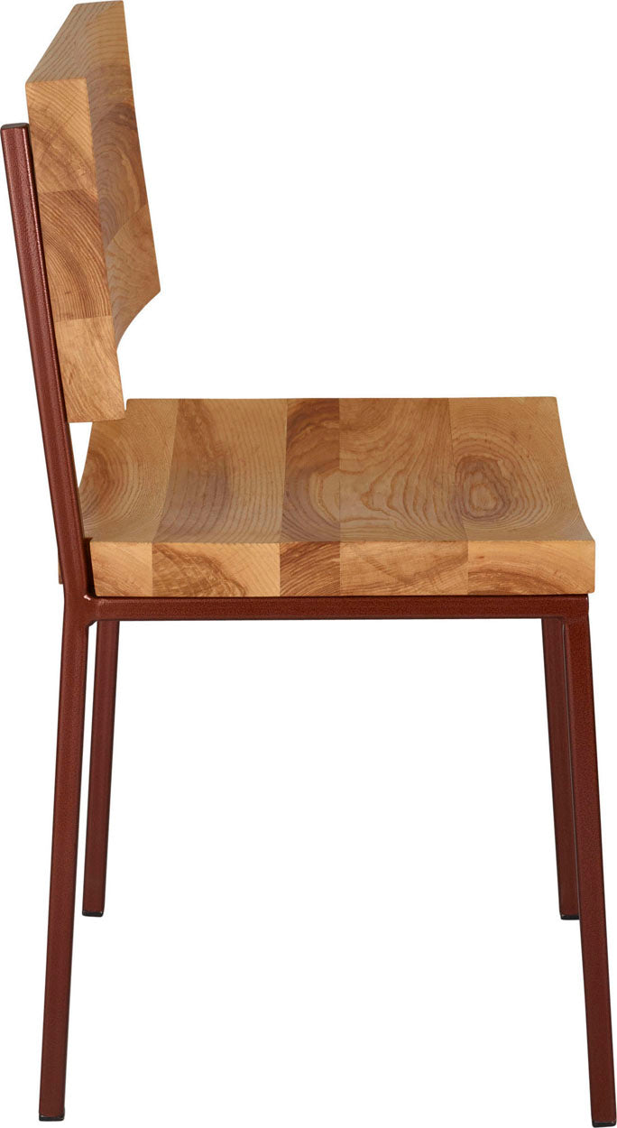 Copper metal chair with natural stain ash wood made in UK - side view square frame