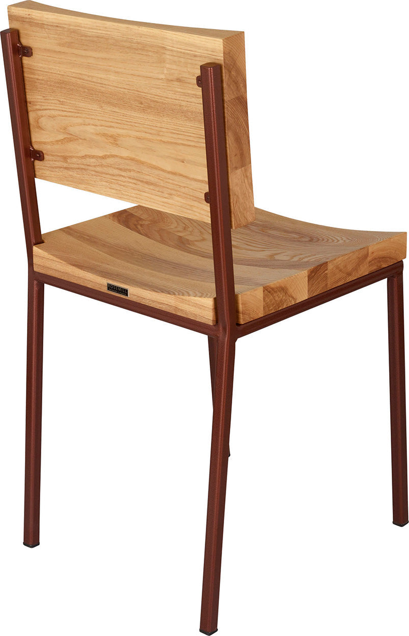 Copper metal chair with natural stain ash wood made in UK - back side view square frame