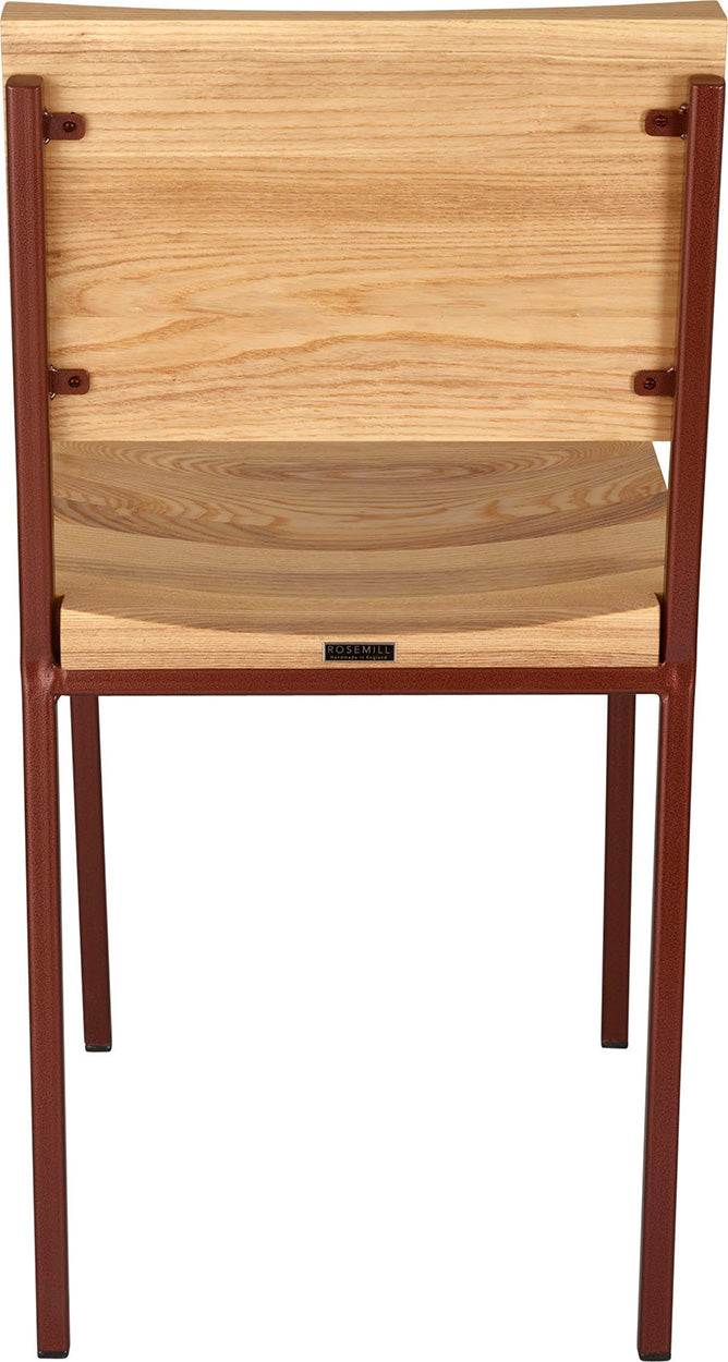 Copper metal chair with natural stain ash wood made in UK - back view square frame